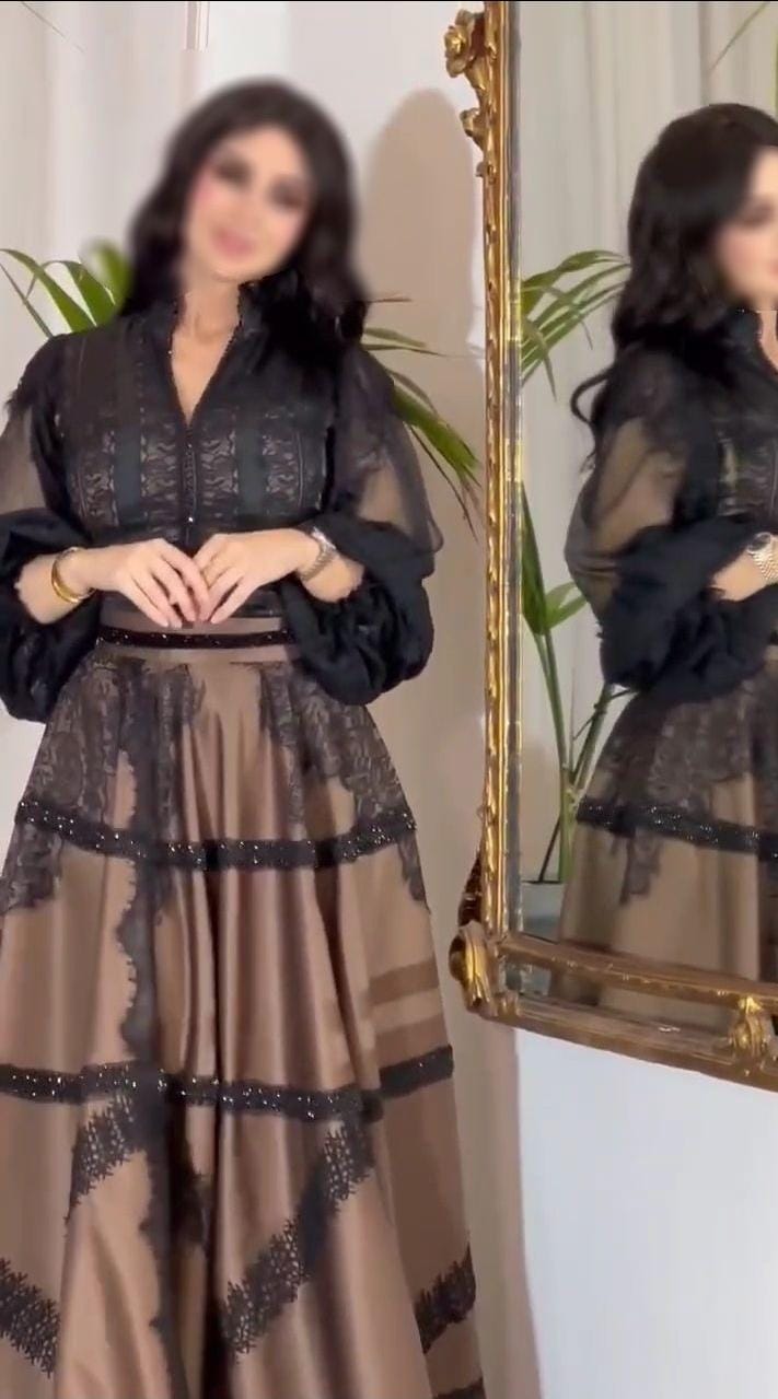 فستان سهرة ناعم باللون البني×أسود أجمل فساتين السعودية