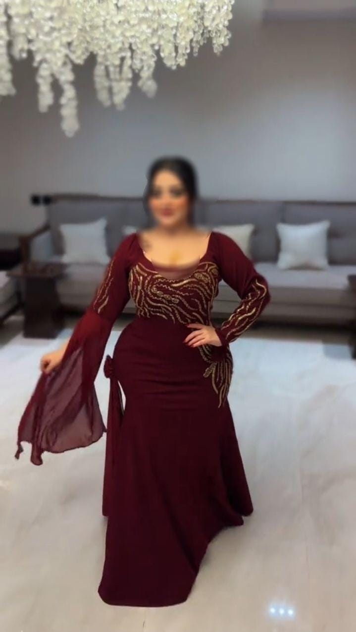 فستان سهرة فخم باللون النبيتي أرقي فساتين السعودية